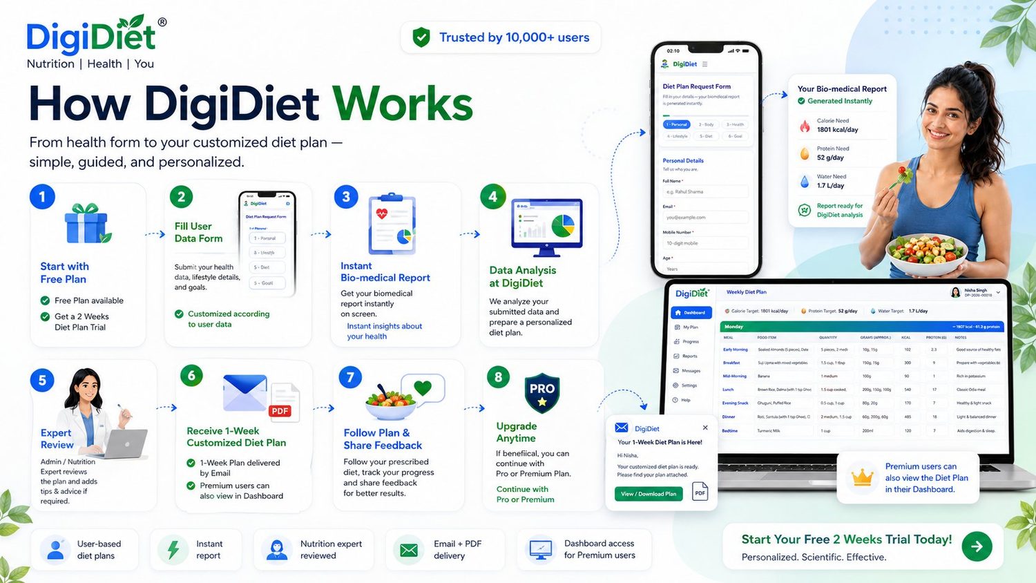 How DigiDiet works — 8 simple steps from health form to your personalized diet plan.